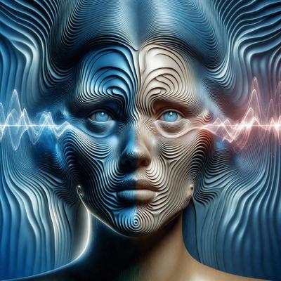 The primary subject of the image is a woman with blue eyes, a blue head, and a blue background. The visual style of the image is digital art, and the colors and mood convey a sense of surrealism and futuristic aesthetics.